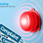 A red Alarm with circles surrounding it to show a warning, complaint texts in a box, and the Housing Ombudsman Service