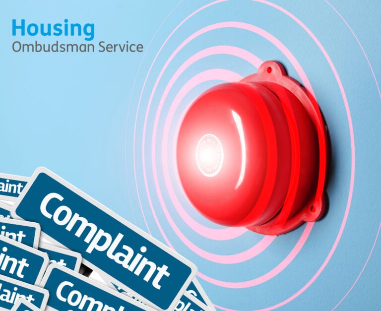 A red Alarm with circles surrounding it to show a warning, complaint texts in a box, and the Housing Ombudsman Service