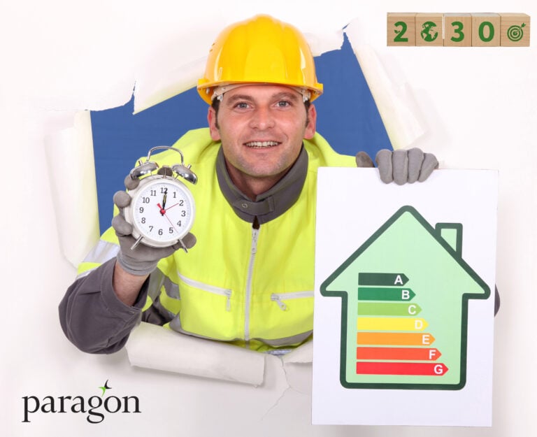A construction worker holding an alaram clock and an EPC graph