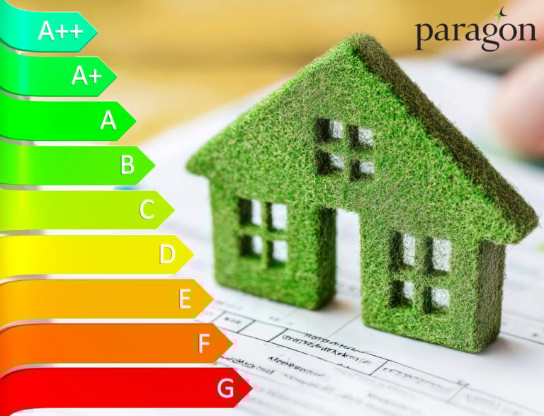 Green model house next to an EPC graph