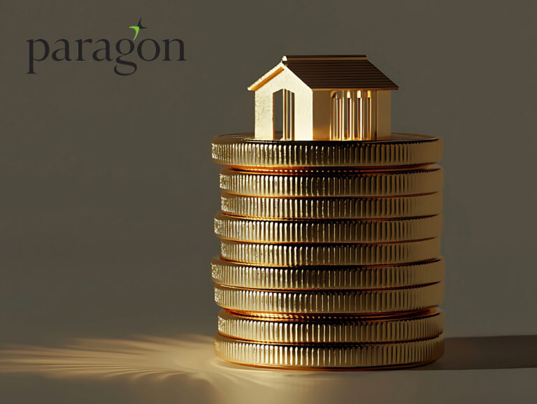 Coins stacked and a model house on top, Paragon logo
