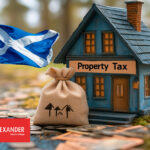 Scottish flag, model house and money bag