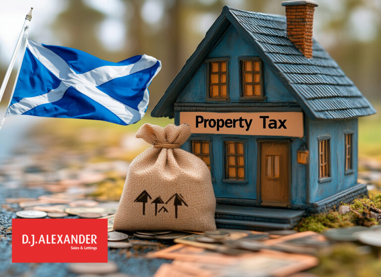 Scottish flag, model house and money bag