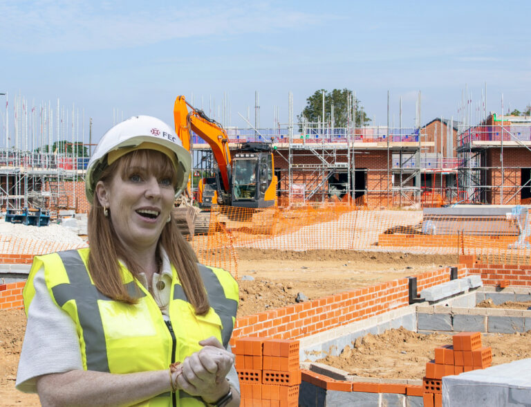 Deputy Prime Minister and Housing Secretary, Angela Rayner, a house being built in the background