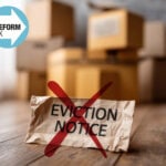 Evicition notice with a red cross, stacked boxes in the background