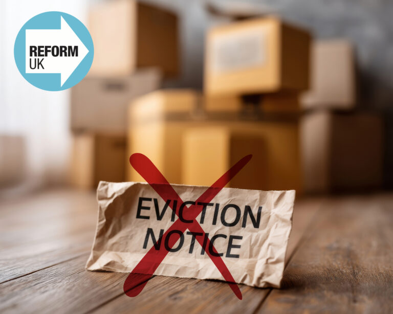 Evicition notice with a red cross, stacked boxes in the background