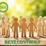 Wooden people figures in a circle, holding hands in the outdoors with text, rent controls