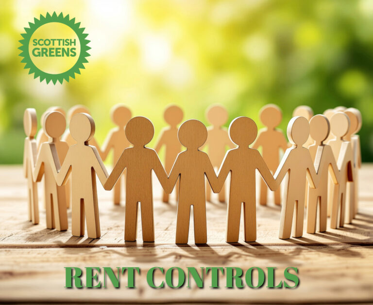 Wooden people figures in a circle, holding hands in the outdoors with text, rent controls