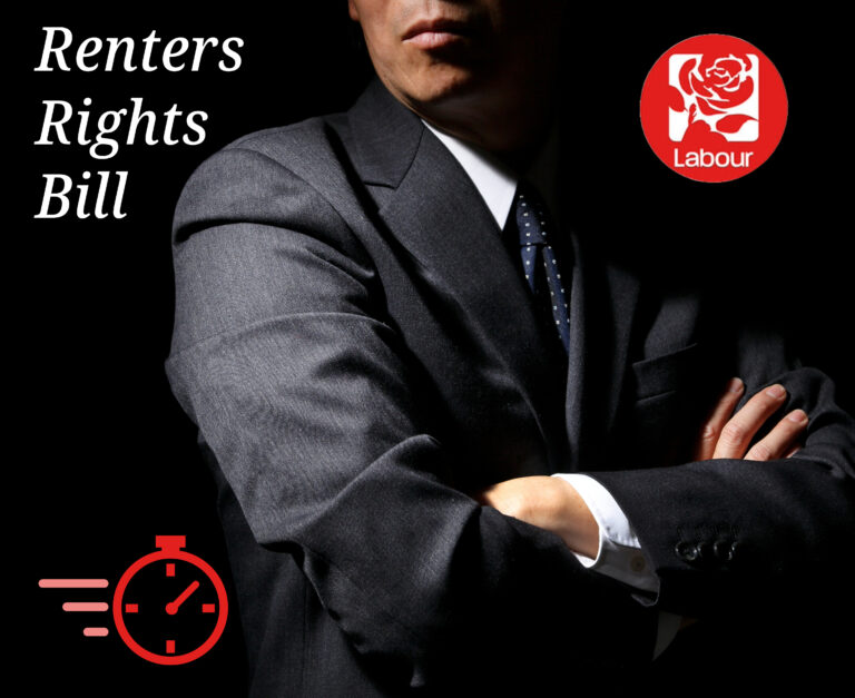 A businessman with his arms crossed in front of him, a black background, Labour Party logo, ticking time bomb clock, and the words Renters Rights Bill