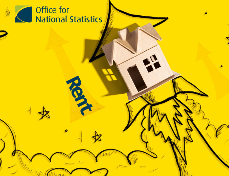 small wooden house with a picture of a soaring rocket on a yellow background, Office for National Statistics