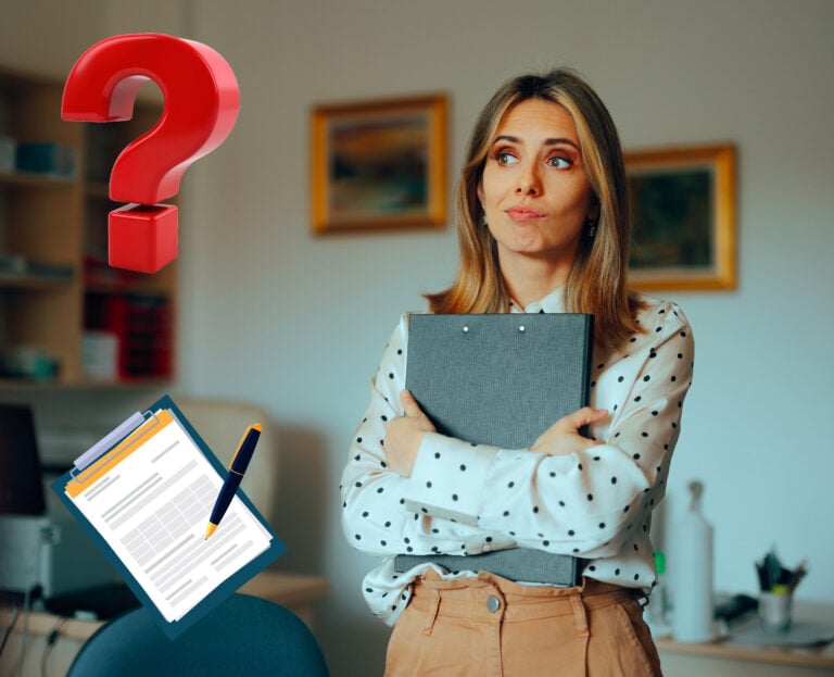 Woman holding a laptop next to a red question mark, a clipboard inside a lounge