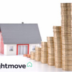 Rightmove logo, a house and stacks of coins increasing in size