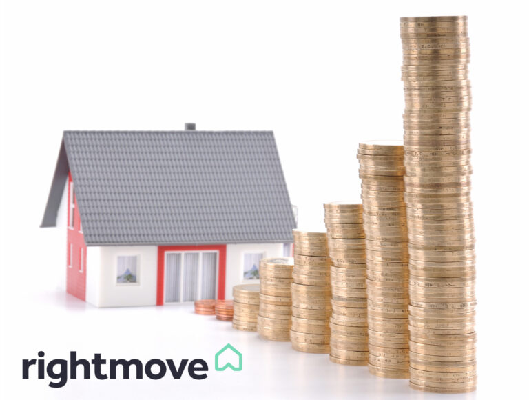 Rightmove logo, a house and stacks of coins increasing in size