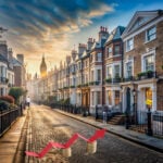 Row of houses in a London street, with Big Ben in the background and a red arrow on stacks of coins