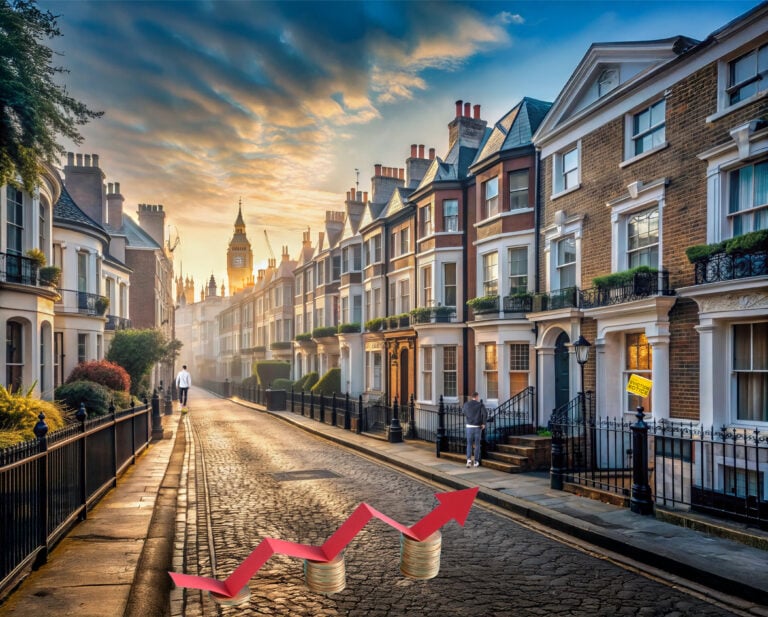 Row of houses in a London street, with Big Ben in the background and a red arrow on stacks of coins