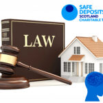 Law book, Justice hammer, a house and blue figure