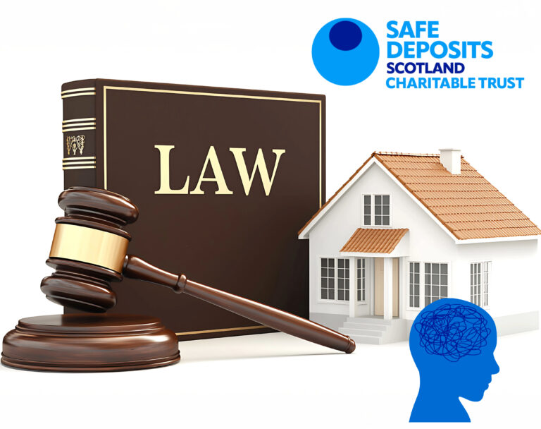 Law book, Justice hammer, a house and blue figure