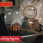 A person with a magnifying glass in front of a laptop with digital images coming out, and letting agents wording
