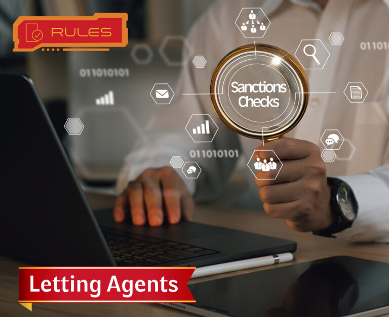 A person with a magnifying glass in front of a laptop with digital images coming out, and letting agents wording