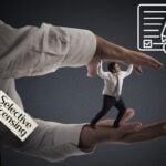 Businessman trapped between giant hands labelled Selective Licensing with contract icon.