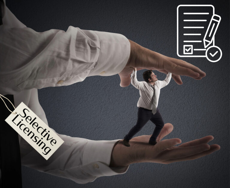 Businessman trapped between giant hands labelled Selective Licensing with contract icon.