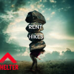 Shelter logo, a stormy sky backdrop and rent hikes on a tornado