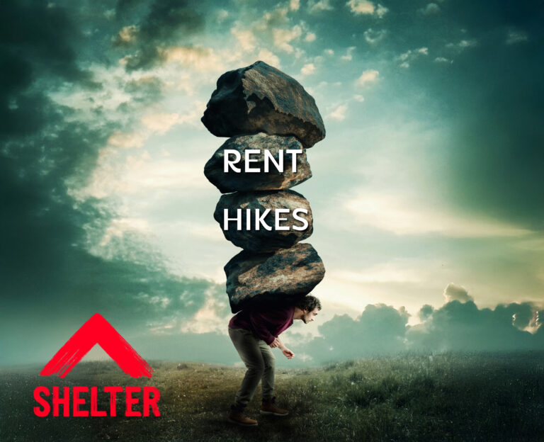 Shelter logo, a stormy sky backdrop and rent hikes on a tornado