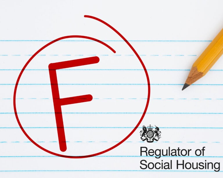 The letter F in a red circle, a pen and REgulator of Social Housing logo on a stripped writing paper background