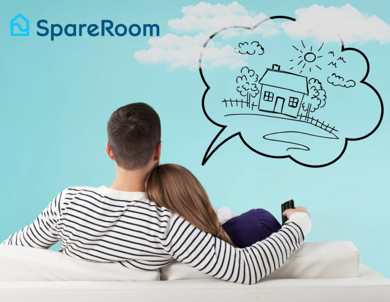 A couple sitting on a sofa together with a house in a bubble and Spare room logo