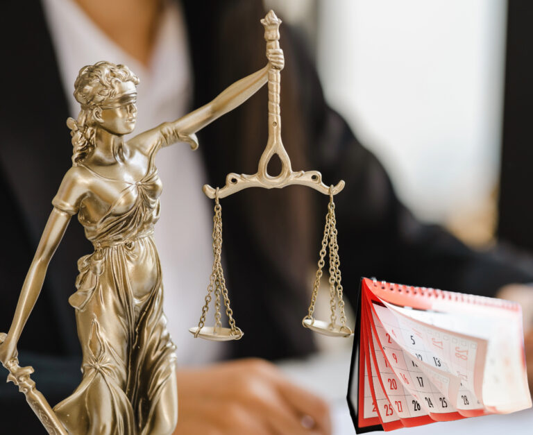 Justice scales, a calender and a businessman in the background