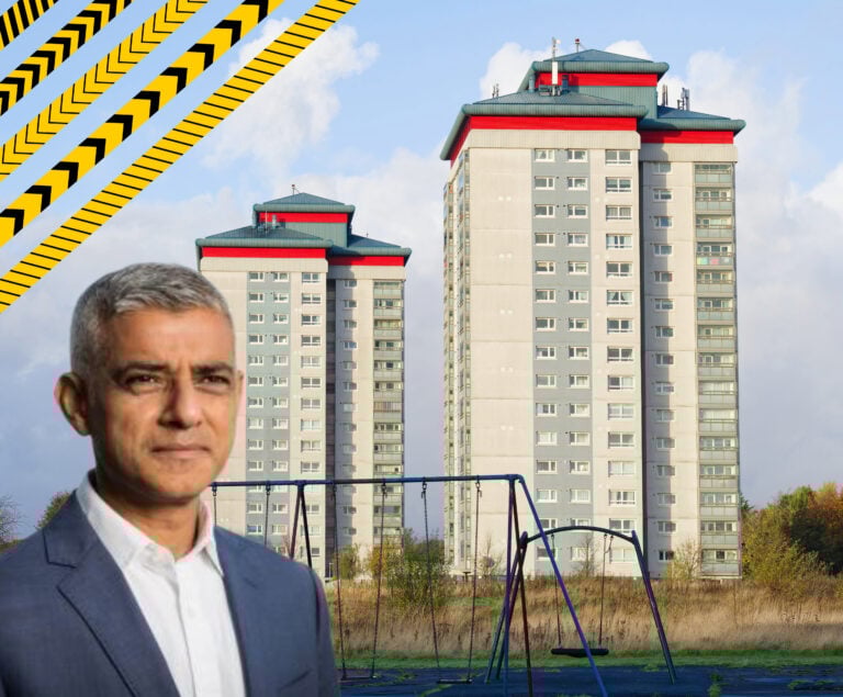 The Mayor of London, Sadiq Khan photo with London tower blocks in the background