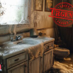 Dirty, flooded, run down barhroom with the sign URGENT