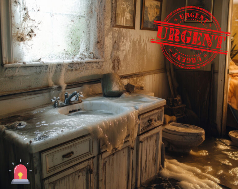 Dirty, flooded, run down barhroom with the sign URGENT