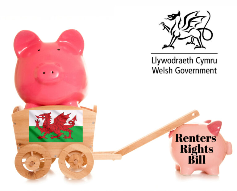 Welsh flag on a wheelbarrow holding a pig and being pulled by a pig saying Renters' Right Bill