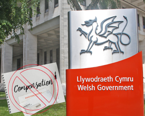 Welsh logo with Welsh Government alongside a compensation sign and a building in the background
