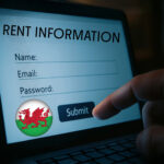 Welsh flag alongside a hand touching digital screen saying rent information