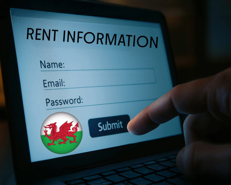 Welsh flag alongside a hand touching digital screen saying rent information