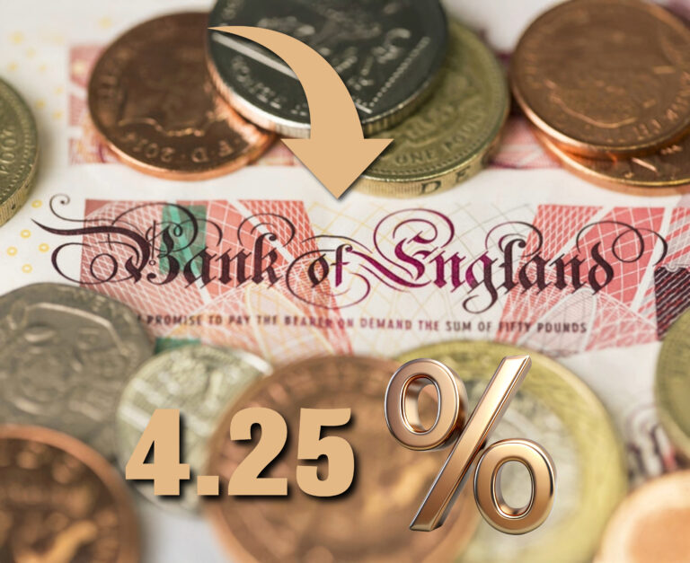 UK bank notes, coins and 4.25% with an arrow down