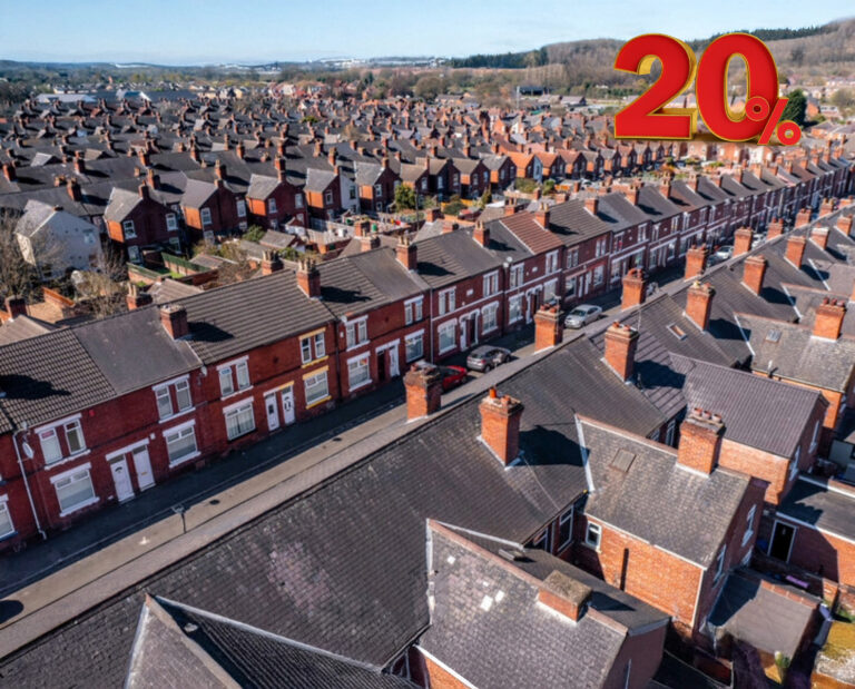 Many streets of houses and a 20% image in red