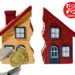 Two houses split in half with a wrench holding a UK pound coin, Labour logo