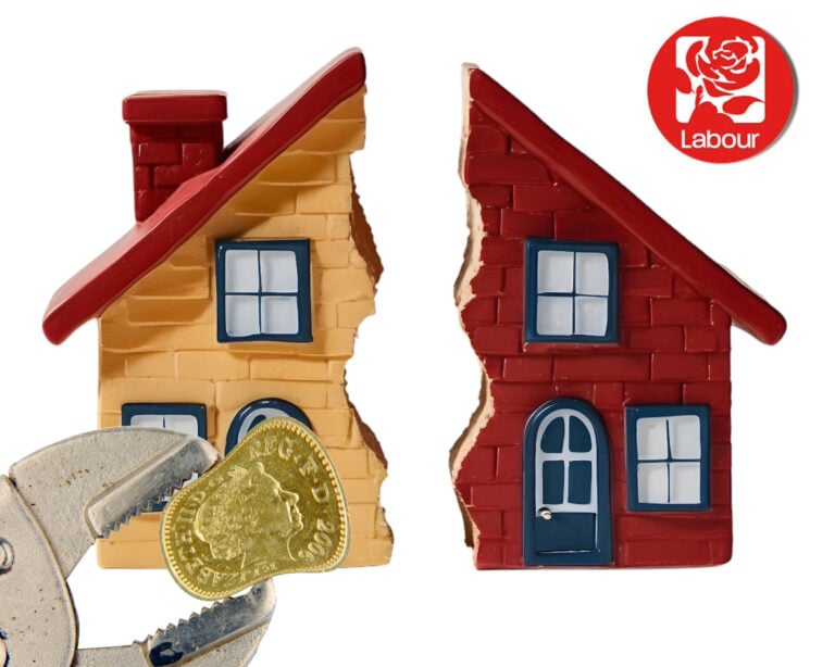 Two houses split in half with a wrench holding a UK pound coin, Labour logo