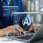 A person at a laptop with the words AI projecting out of the screen