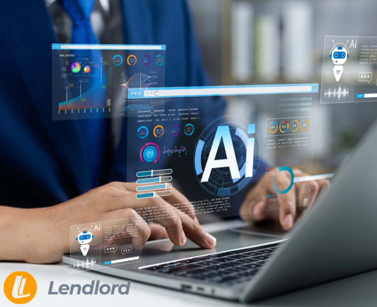 A person at a laptop with the words AI projecting out of the screen