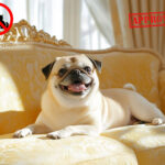 A pug dog sitting on a sofa and a no pet sign with Approved