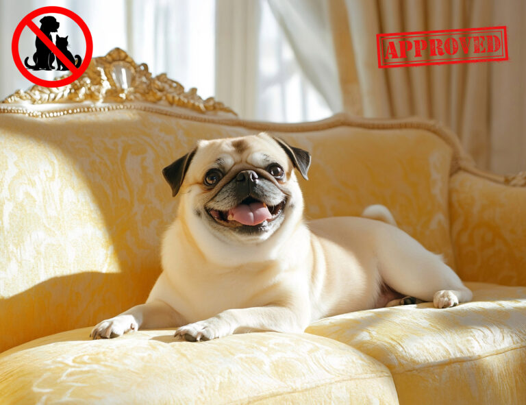 A pug dog sitting on a sofa and a no pet sign with Approved