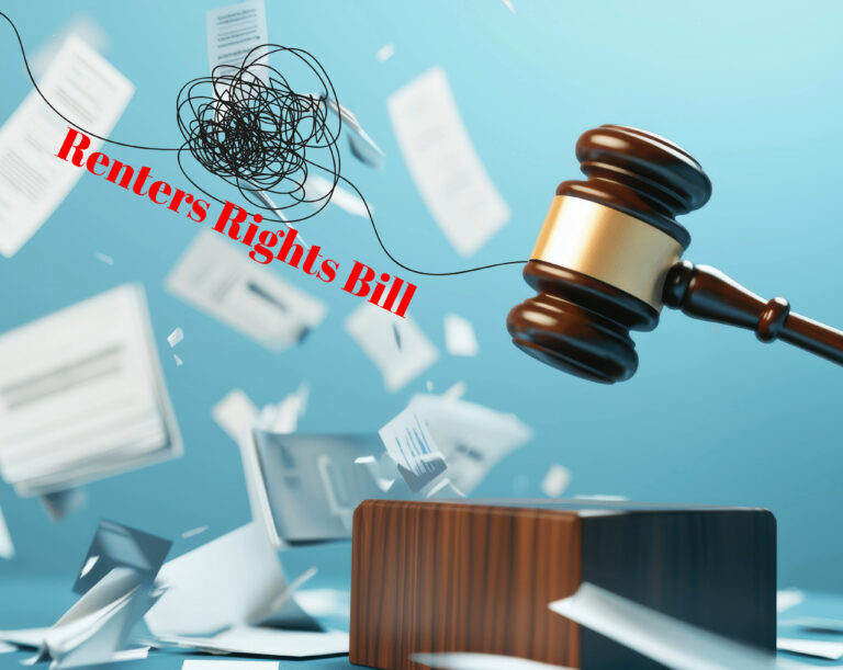 Justice hammer, papers falling and Renters Rights' Bill