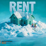 RENT on houses on an icy, snowy island with a blue cold background