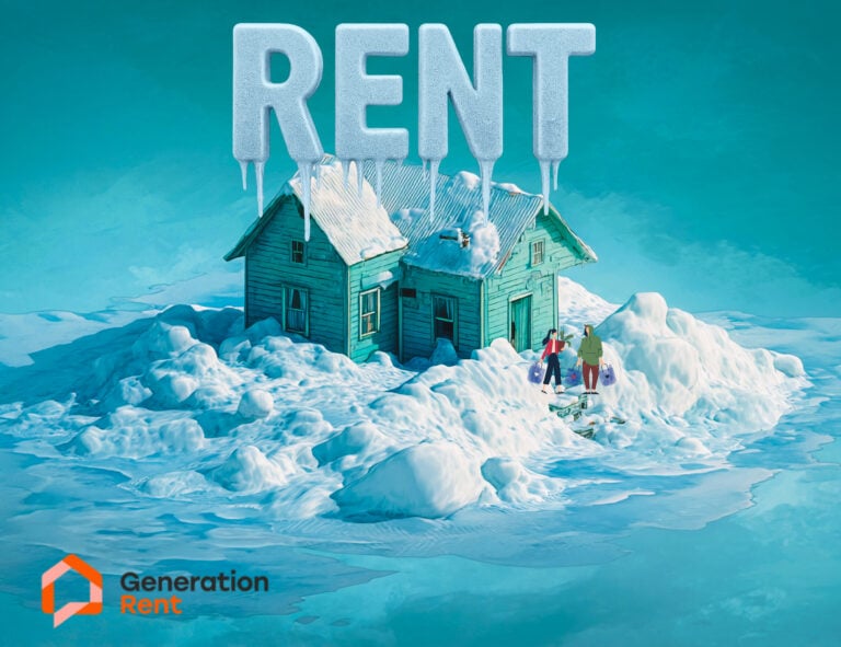 RENT on houses on an icy, snowy island with a blue cold background