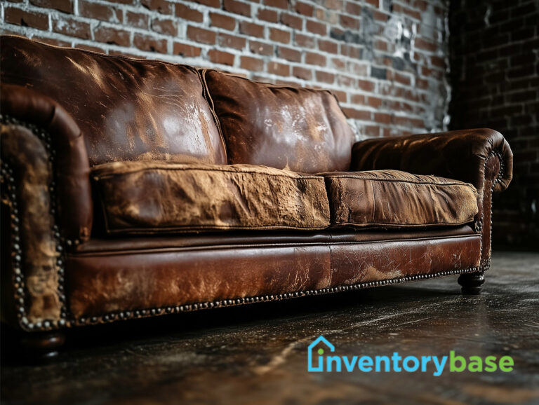 Damaged old brown leather sofa against a wall