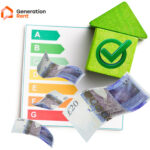 Uk cash and a green house with a tick against an EPC report in the background